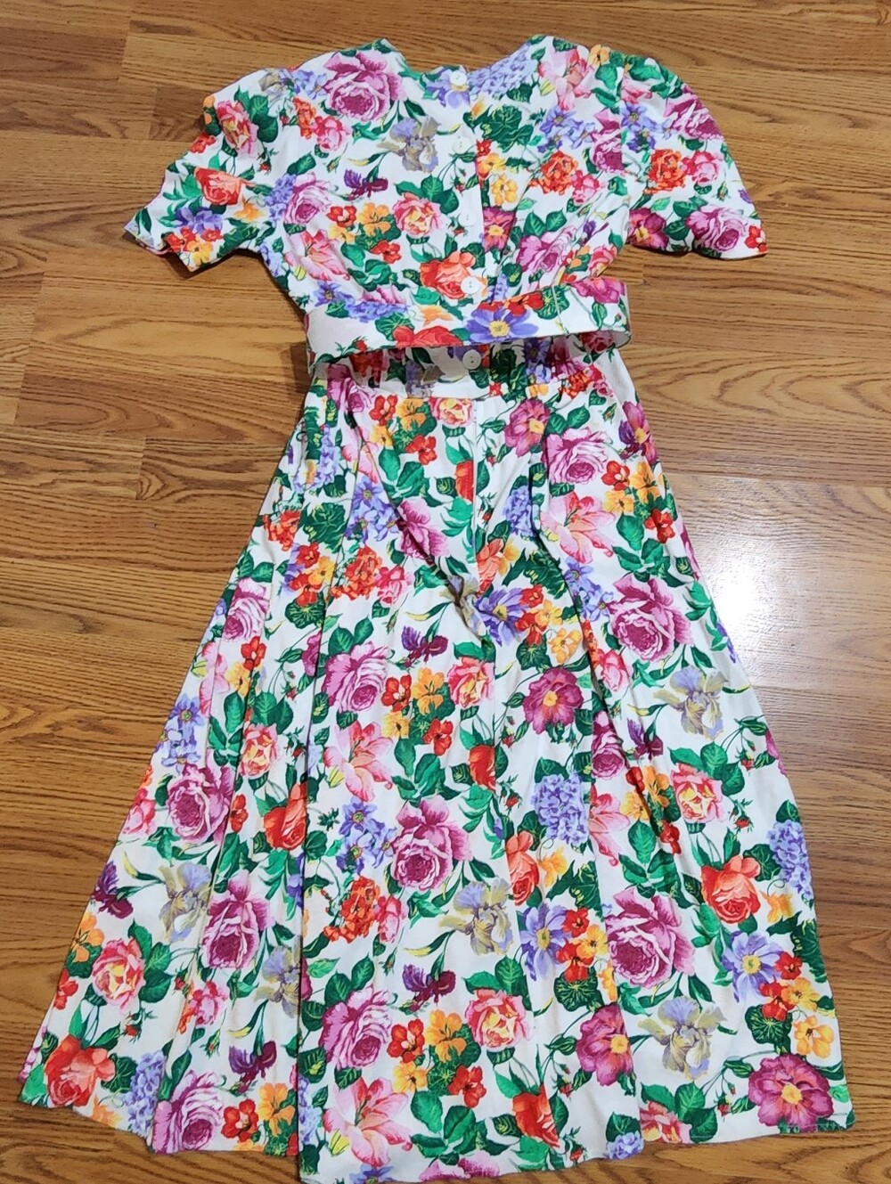 Vtg 80s 90s Floral Fit Flare Dress Belted Full Skirt Cottagecore Garden Party - Picture 3 of 13